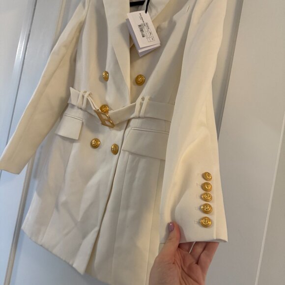 NWT Balmain Wool Jacket Dress Belted Lapel Collar White w/ Embellishments Sz 38 - Picture 6 of 11